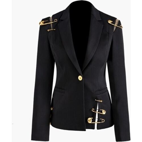 Fashion Suit Top Women Spring Autumn Black Hollow Out Pin Spliced Jacket Tide Long Sleeve Women Coat