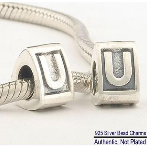 100% 925 Sterling Silver Jewelry fits for Pandora Charms Bracelets Alphabet U Beads Free Shipping