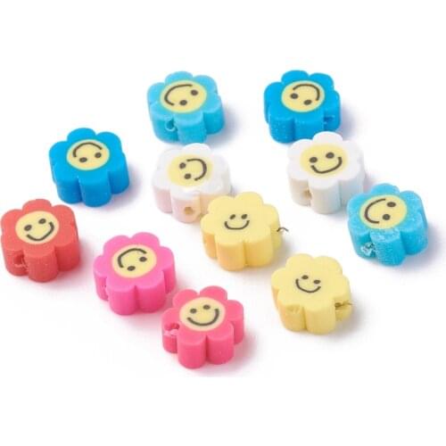 1000pcs Handmade Polymer Clay Beads Flower with Smile Face for DIY Making Bracelet Accessory Mixed Color 9.5~10x4.5mm Hole 1.2mm