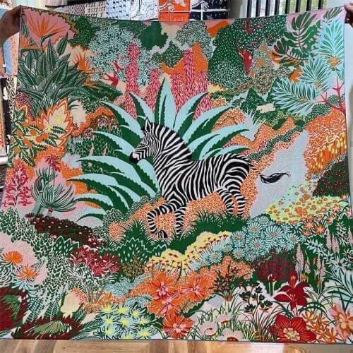 135CM Cashmere Scarf Women Manual Hand Rolled Shawls Forest Zebra Square Scarves Wrap Bandana Luxury Brand Hijab Female Foulards