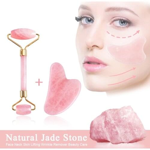2Pcs/set Jade Roller Gua Sha Massager for Face Rose Quartz Neck Skin Lifting Relief Fine Lines Wrinkles Remover Facial Skin Care