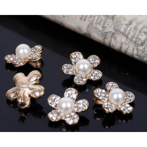 2015New 100Pcs Five-Flower Pearl Rhinestone Button/Bucke for DIY Hair Accessories DM19
