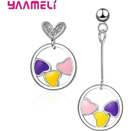 Japan Fashion 925 Sterling Silver Zircon Asymmetric Earrings Romantic Heart Women Valentines Christmas Gift Korean Jewelry