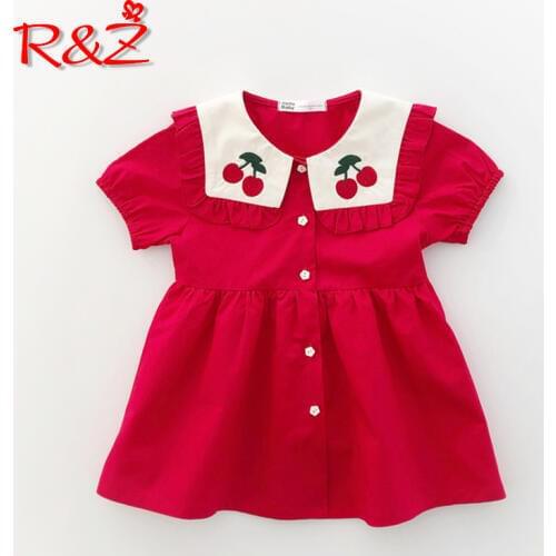 R&Z Childrens Dress 2019 Summer New Kids Cute Girls Red Embroidered Cherry Dress Cotton Navy Collar