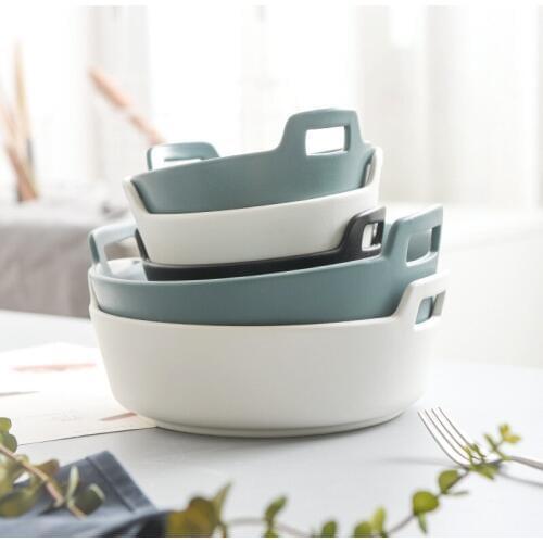 Ceramic Bowl Baking Tray Serving Bowl Double-ear Drinkware European Dessert Bowl Food Container Rice Soup Bowl Fruit Basket 1pcs