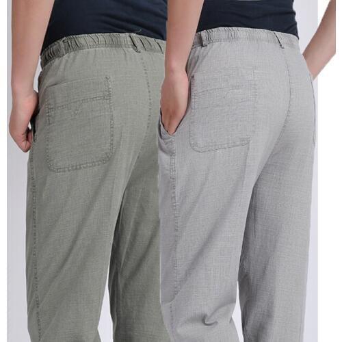 HOT 2019 Outdoor Summer plus-size flax long pants elderly high elastic waist deep sport jogging trousers old Mens elastic pants