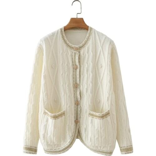 MESTTRAF Women 2021 Fashion Pocket Knit Cardigan Sweater Retro Long Sleeve Small Fragrant Style Man-Made Jewelry Decorative Coat