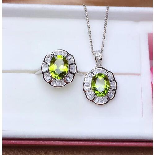 Fashion round Sun flower Natural green peridot Ring Pendant Natural olivine Jewelry Set 925 Silver Women party gift Jewelry Set
