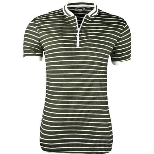 Kulemoda SlimFit Horizontal Striped Half Zipper Closed Judge Collar Khaki Mens T-Shirt