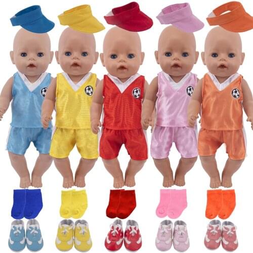 Doll Clothes 4 Pics=Football Embroidered Tank Top Shorts +Hat+Sneakers+Socks Fit 18Inch American&43 Cm Baby Doll Generation Gift