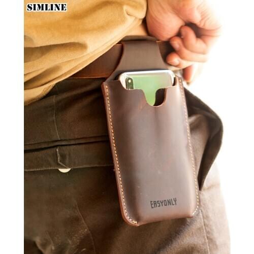 SIMLINE Genuine Leather Cellphone Belt Waist Bag For Men Male Vintage Sport Portable Mobile Phone Cover Case Holder Loop Holster