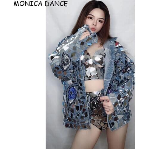 Sexy Sparkly Silver Mirror Rhinestone Bra Short Denim Jacket Outfit Set Birthday Celebrate Women Dancer Sequin Costume Set