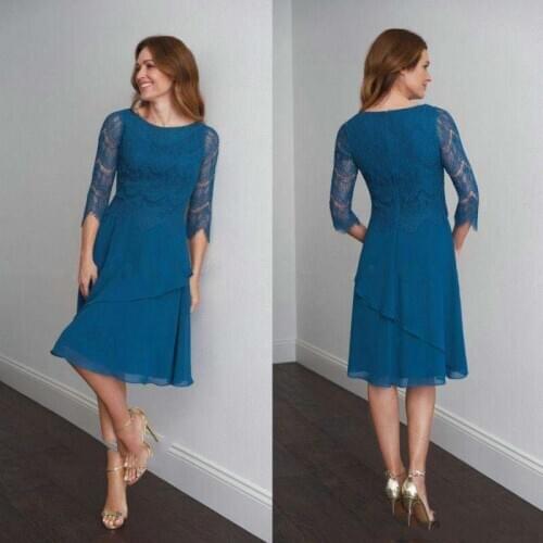 Dark Blue Lace Chiffon Mother of the bride Dresses with 3/4 Long Sleeves Knee Length Elegant Short Evening Dresses for Women