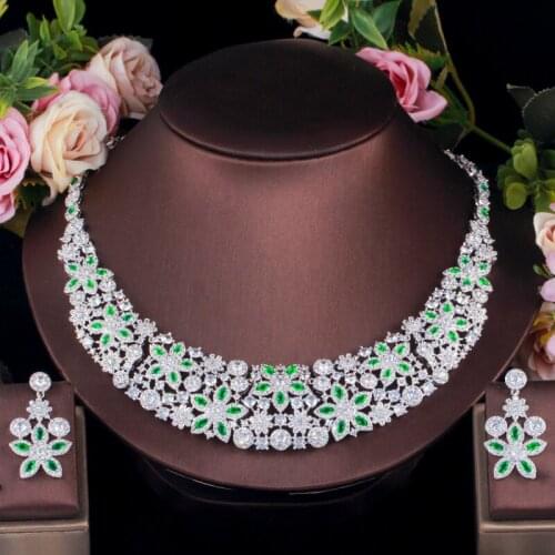 ThreeGraces Delicate Flower White Green Cubic Zirconia Gorgeous Wedding Bridal Necklace and Earring Jewelry Set for Brides TZ549