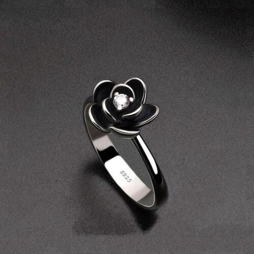 TJP Trendy Female Silver 925 Rings For Women Jewelry Cute Black Flower Girl Finger Rings Accessories Lady Exquisite Gift