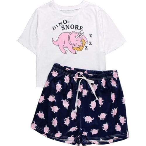 Womens Homewear Cute Cartoon Printed Pajamas Set Casual Short Sleeve T-Shirt Sleepwear Nightwear Set Summer Pyjama For Women Set