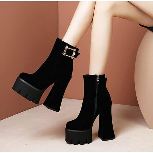 2021 Super High Heel Ladies Mid Calf Boots Autumn Winter Faux Suede Platform Metal Decoration Pearl Zipper Womens Shoes 34-43