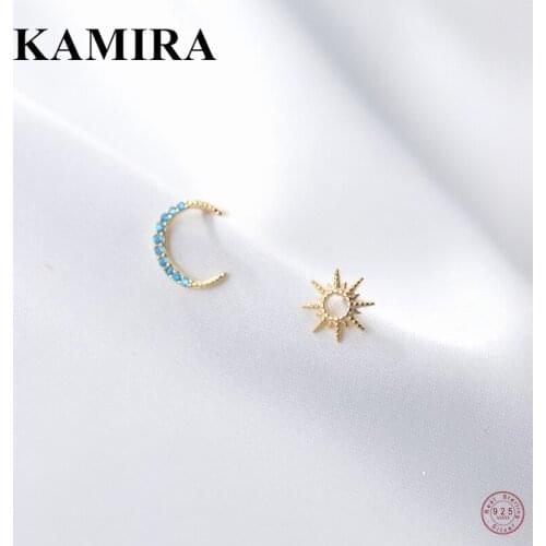 KAMIRA 925 Sterling Silver Punk Star Moon Blue Zircon Stud Earrings for Women Teen Party Cute Fashion Gothic Pierce Jewelry Gift