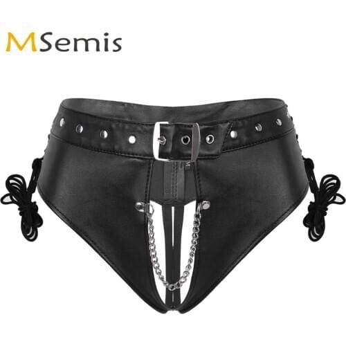 Women Goth Punk Briefs Underwear Clubwear Erotic Pole Dance PU Leather Booty Panty Ladies Hollow Out Open Crotch Lace-up Panties