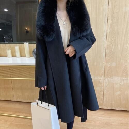2020 Women real wool Coat with genuine fox fur collar Thick Real wool Jacket Overcoat Female Warm Trench Coats