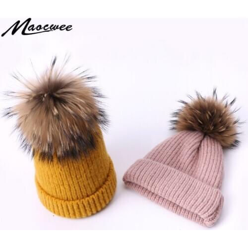 Winter Wool Beanies Hat With Real Fur Pom Pom For Women Rabbit Knitted Hats Outdoor Warm Soft Ski Cap Solid Color Crochet Caps
