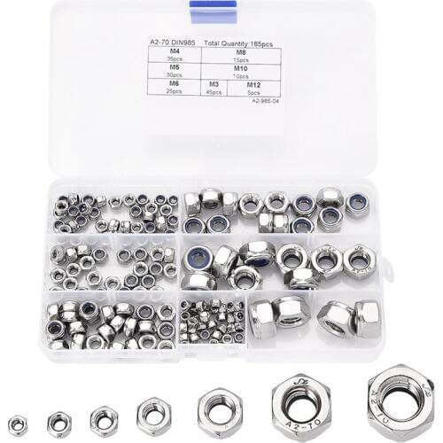 165pcs M3 M4 M5 M6 M8 M10 M12 Stainless Steel Nylon Lock Nut Metric Assortment Kit Screw Lock Hex Nut Insert Locking Nuts