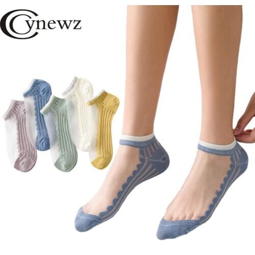 5 Pairs/Pack Summer Ultrathin Female Socks Cool Transparent Silk Striped Korean Style Ankle Socks For Women