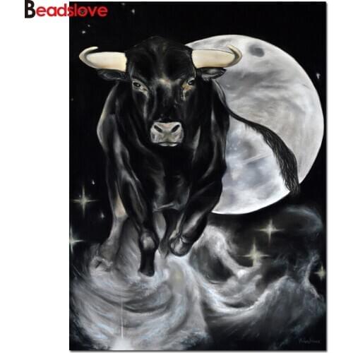 5d Diy diamond painting black moon bull,full square round diamond embroidery rhinestone painting diamond mosaic cow art