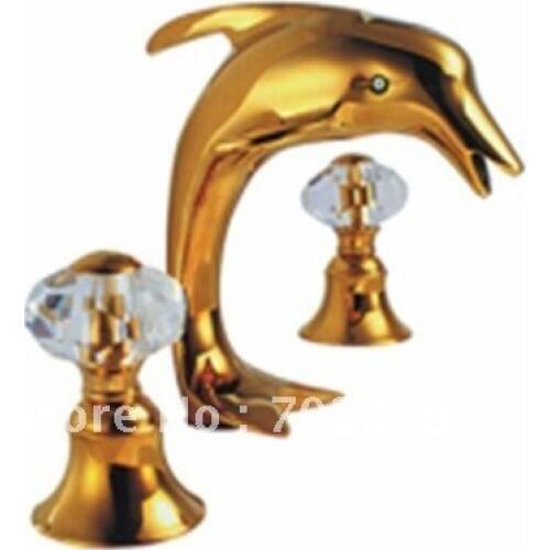 Free shipping gold pvd solid brass Bathroom Sink Faucet dolphin mixer faucet crystal handles