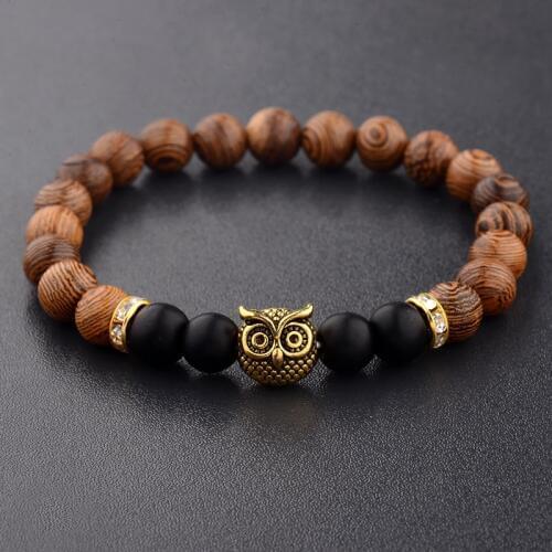Wood Beads Bracelets Gold&Silver Color Owl &Black Beads Bracelet Women Retro Prayer Jewelry Yoga Dropshipping