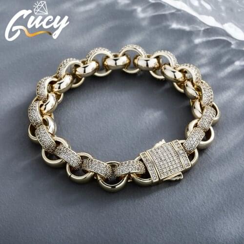 GUCY 12mm Gold Silver Color Cubic Zirconia Round Cuban Link Fashion Hip Hop Iced Out Bracelet Jewelry For Men Gift