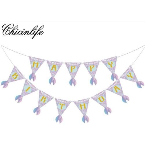 Chicinlife 1set Mermaid Themed Happy Birthday Party Banner Kids Garland Flag Baby Shower First 1st Birthday Decoration Supplies