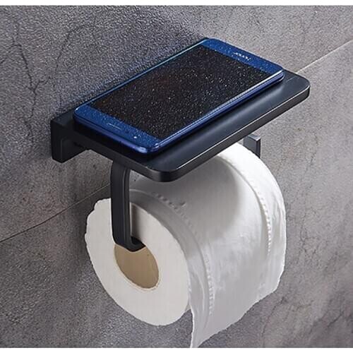 Aluminum Alloy Toilet Paper Holder Black Bathroom Roll Tissue Racket with Phone Holder Wall Mount WC Paper Phone Holder