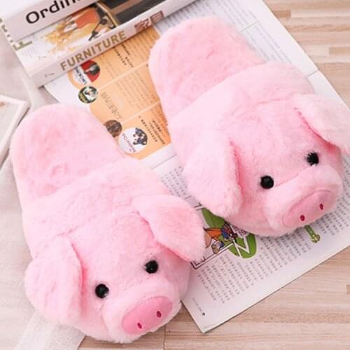 HKSNG Drop Shipping And Wholesale Women Winter Cute Pink Pig Animal Cartoon Plush Slippers Non-Slip Furry Shoes