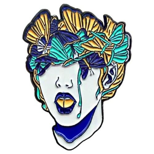 HOSENG Crying Witch With Blue Yellow Butterfly Insect Animal Brooch Elegant Lapel Collar Badge Punk Fashion Dress Pin HS_371