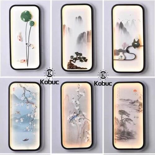 Kobuc Chinese Style Metal Frame LED Wall Light 18/24W with Ceramic Mural for Bedside TV background Restaurant Decor Sconces Lamp