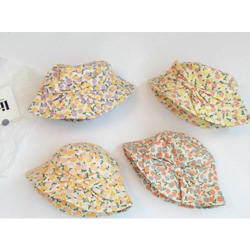 Korean Cute Flower Print Baby Hat Spring Summer New Girls Bow Sunbonnet Outdoor Beach Fisherman Caps for 2-5 Years Kids