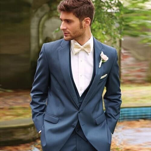 Dark Blue Men Suits Three Pieces Notched Lapel Tailored Formal Tuxedos For Wedding Bridegroom Prom Blazers (Jacket+Vest+Pants)