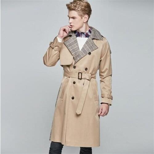 Khaki trench coat mens double-breasted veste homme mid-length raglan sleeves autumn and winter loose coat British jacket
