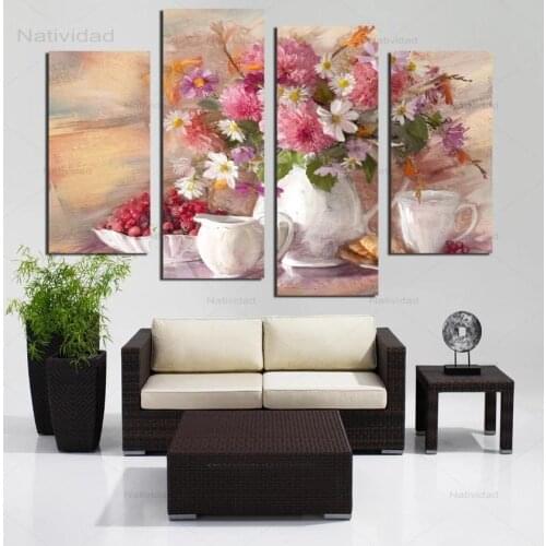 Still Life Flower 4 Pieces Hd European Style Canvas Painting Wall Art Posters and Prints for Living Room Kitchen Decoration