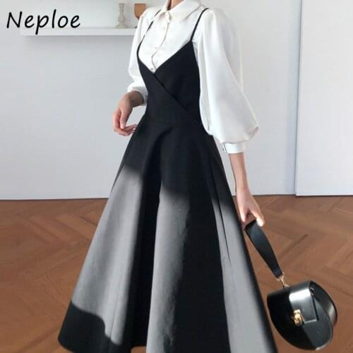 Neploe Work Style Ol Temperament 2 Pcs Women Set Turn Down Collar Long Sleeve Shirt + High Waist Hip A Line Camis Dress Suit