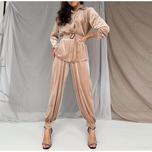Autumn and Winter Velvet Trousers Suit Warm and Comfortable Shirt and Straight Trousers Womens Clothing