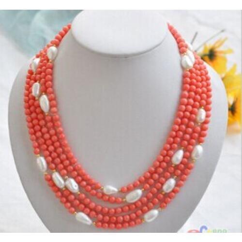 Natural 5row 17-21" pink coral bead white baroque pearl NECKLACE AAA