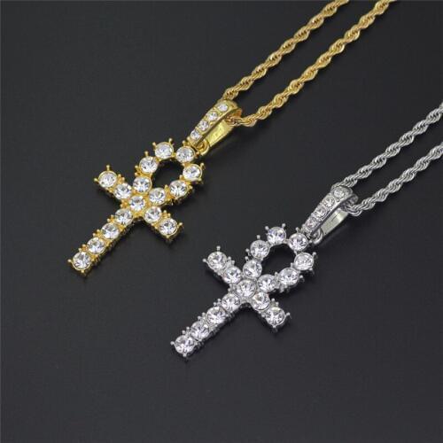 Micro Pave Rhinestone Iced Out Ankh Cross Necklace & Pendants Egyptian Key of Life for Men HIP Hop Jewelry Dropshipping