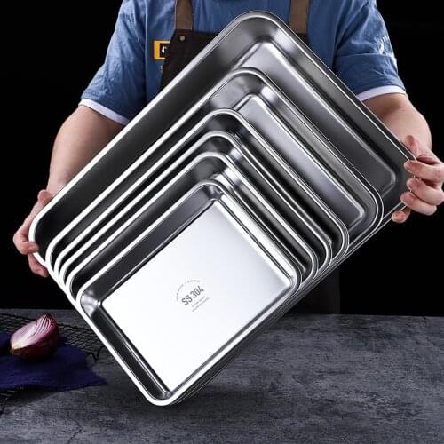 Stainless Steel Flat Bottom Tray Rectangle Cake Bread Bakeware Fruit Vegetables Storage Pans Buffet Food Plate Deep Shallow Dish