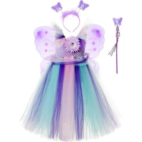 Rainbow Girls Crochet Tutu Dress Baby Handmade 2Layer Fluffy Tulle Ballet Tutus with Butterfly Wing Set Kids Party Costume 2-10Y