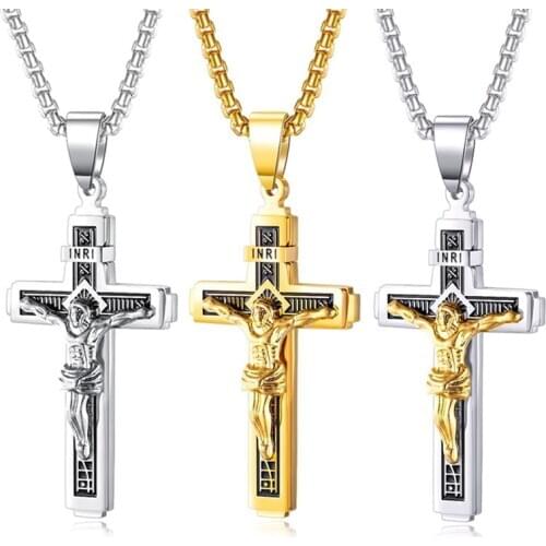 Religious Jesus Cross Necklace for Men Women Sliver Gold Color Stainless Steel Crucifix Pendant Necklace Fashion Jewelry Gifts