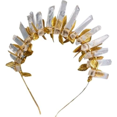 Handmade Metal Leaf Goddess Tiara Crown Headband Retro Raw Crystal Quartz Jewelry Hair Hoop Wedding Bridal Cosplay Halo