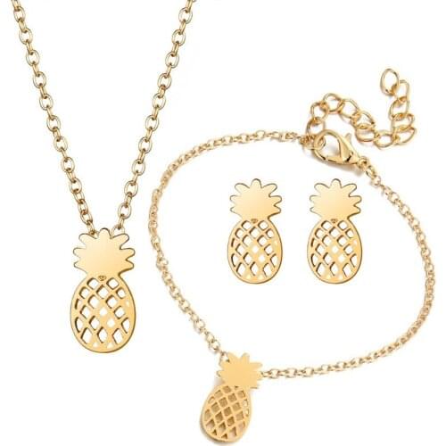 Cross-border New Arrival Hollow Pineapple Necklace Ear Stud Bracelet Set Combination Earrings Pendant Ornaments Factory
