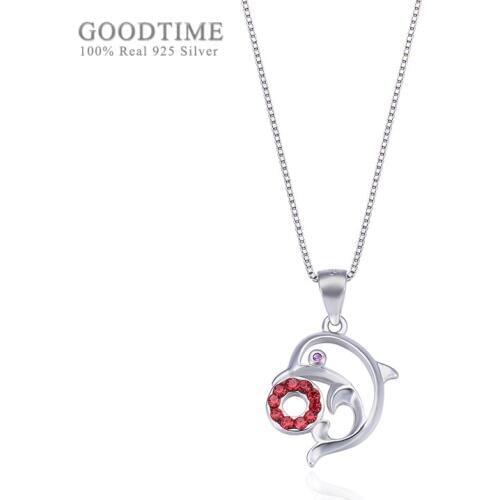 Trendy Women Pure 925 Sterling Silver Necklaces Dolphin-studded Red Zircon Pendant Necklaces Chain Jewelry Accessory For Girl